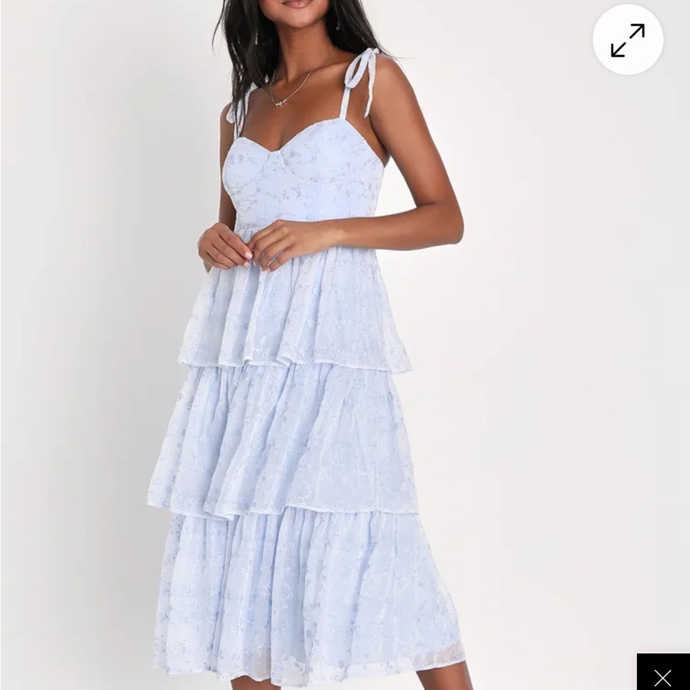 Lulus Vineyard Visit Blue Embroidered Tie-Strap Tiered Midi Dress